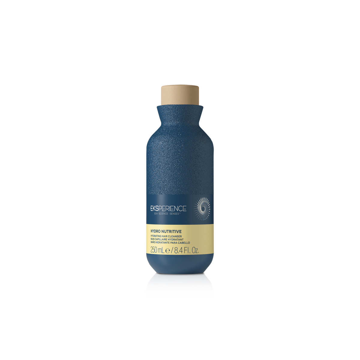 Blue bottle with beige cap on a white background